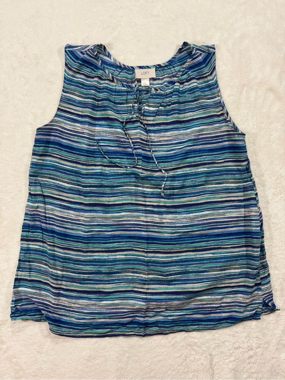 LOFT Striped Crinkle Tie Front Tank Top Blue Teal Large